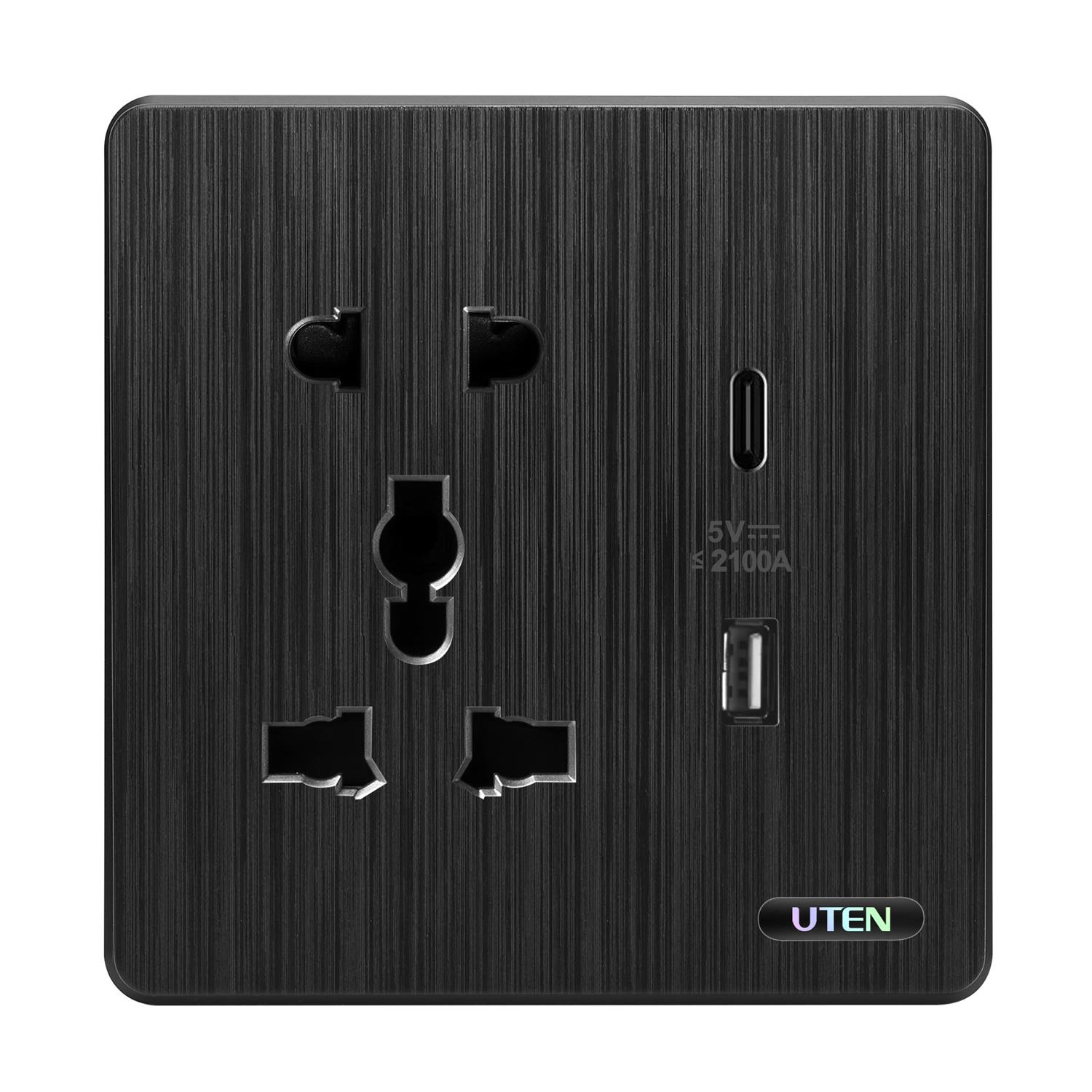 Bộ ổ cắm 3 chấu và 2 chấu + 2 USB type A và C UTEN S300GSZ12Z13/N-USB