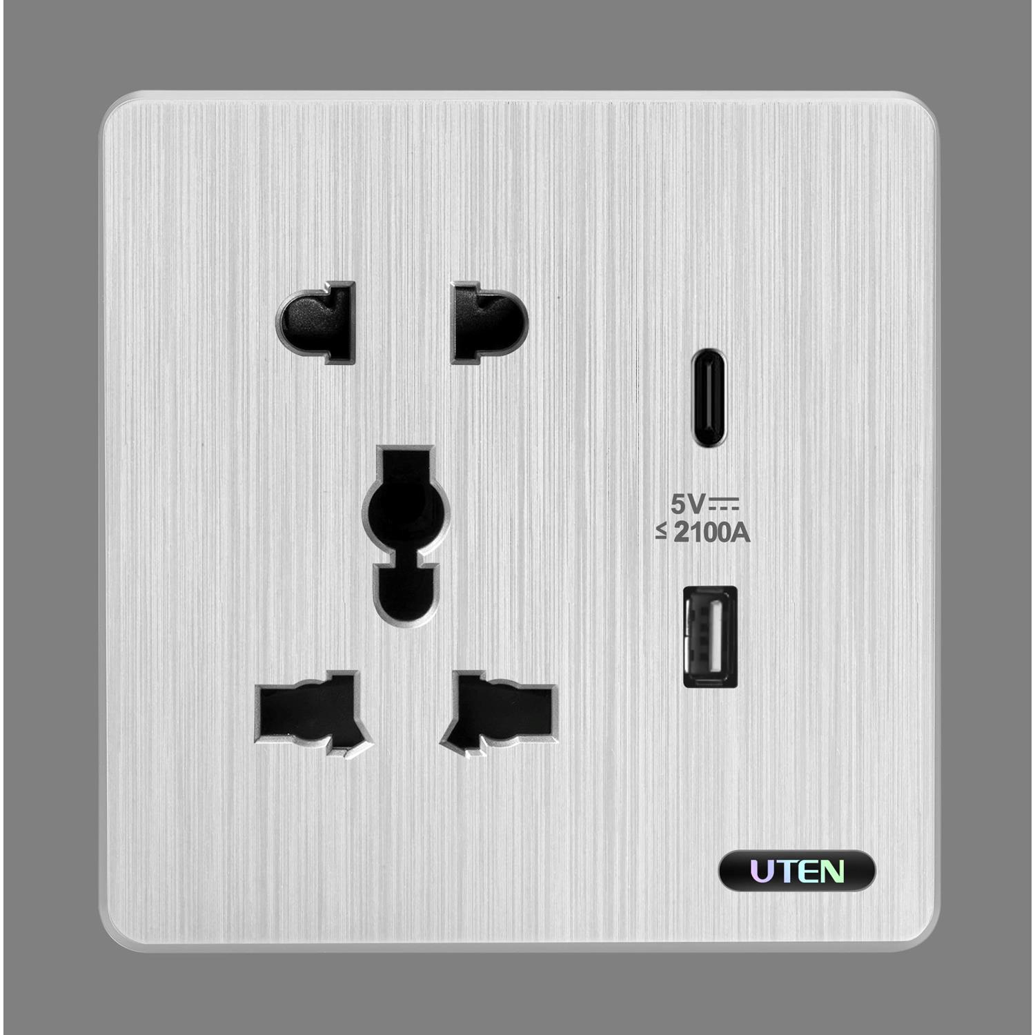 Bộ ổ cắm 3 chấu và 2 chấu + 2 USB type A và C UTEN S300GSZ12Z13/N-USB