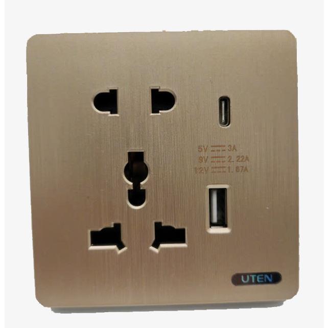 Bộ ổ cắm 3 chấu và 2 chấu + 2 USB type A và C UTEN S300GSZ12Z13/N-USB