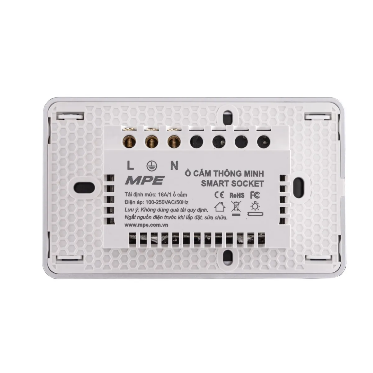Mặt ổ cắm đôi 3 chấu MPE màu trắng viền bạc điều khiển Wifi