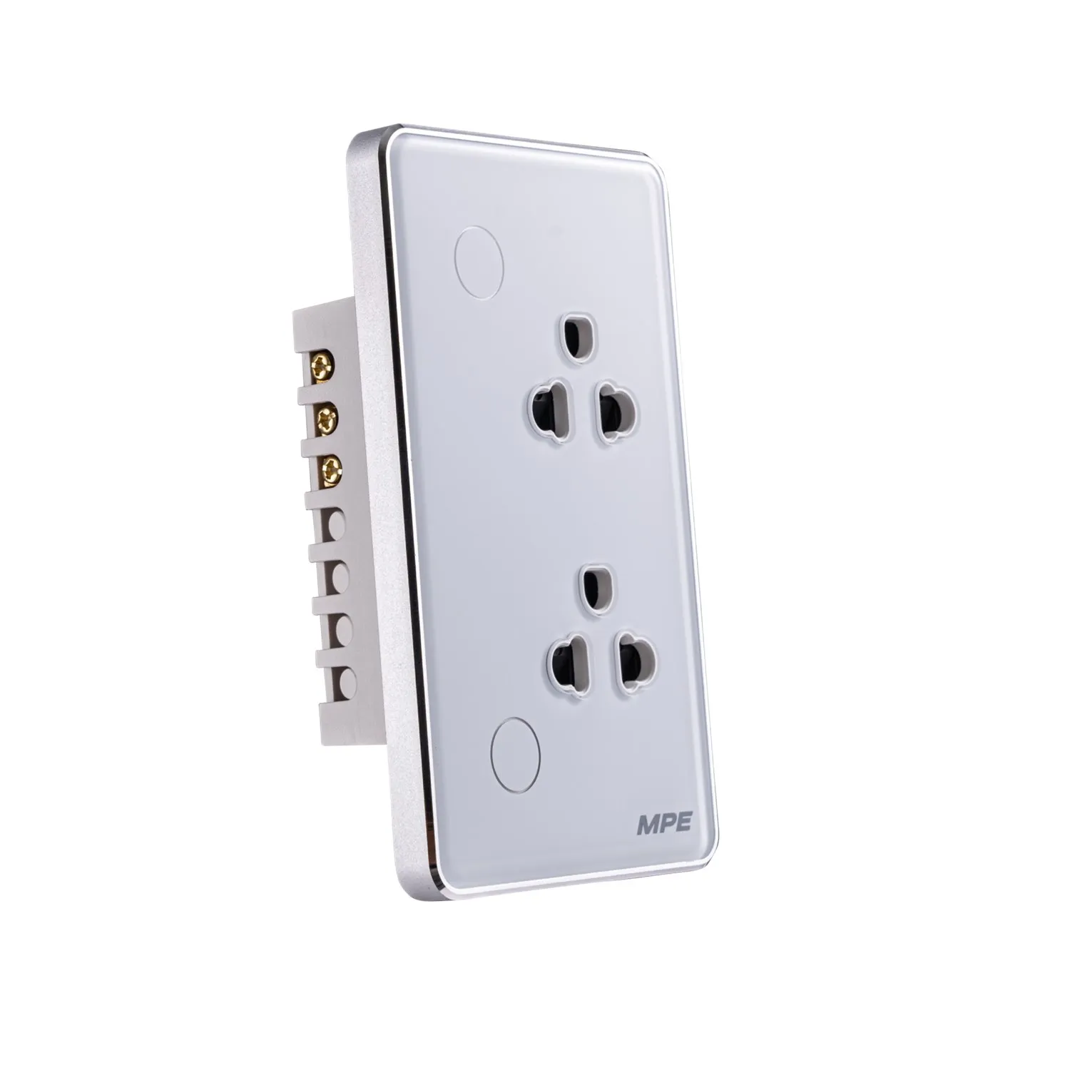 Mặt ổ cắm đôi 3 chấu MPE màu trắng viền bạc điều khiển Wifi
