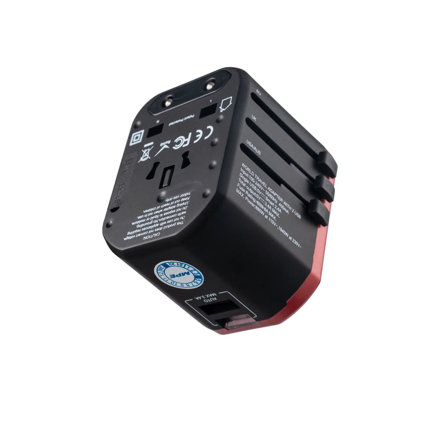 Ổ cắm du lịch đa năng MPE chân cắm kiểu Châu Âu Úc Mỹ Tích hợp 2 sạc USB mã TA5