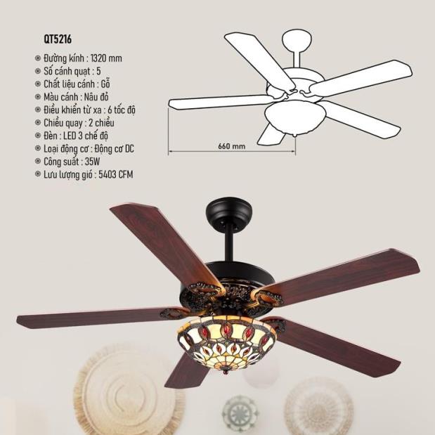 Quạt Trần Led 3 chế độ cánh gỗ màu nâu đỏ