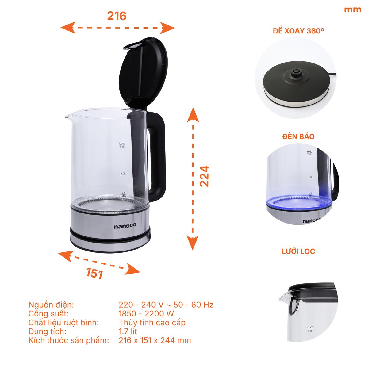 Bình đun nước siêu tốc NKT1790 NANOCO