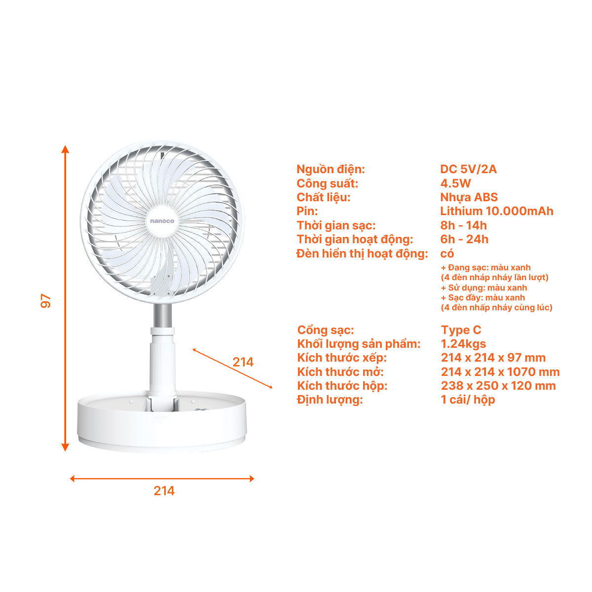 Quạt sạc điện Nanoco NFF1618W/P 4.5W