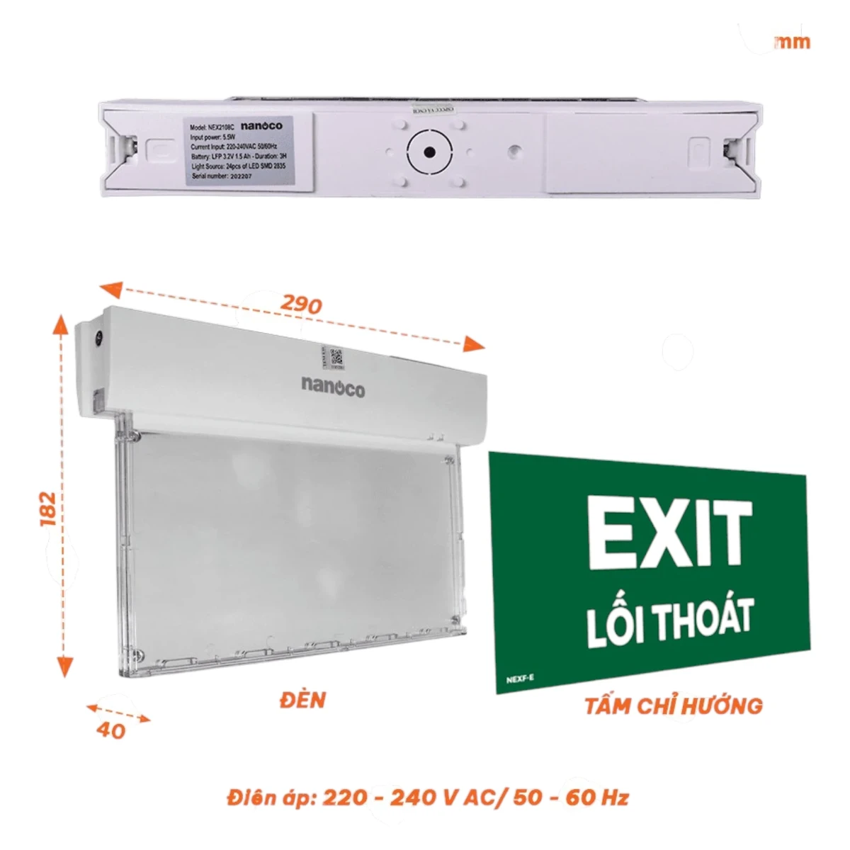 Đèn thoát hiểm LED Nanoco ( Kèm 1 hình chỉ hướng lối thoát mã NEXF-E)
