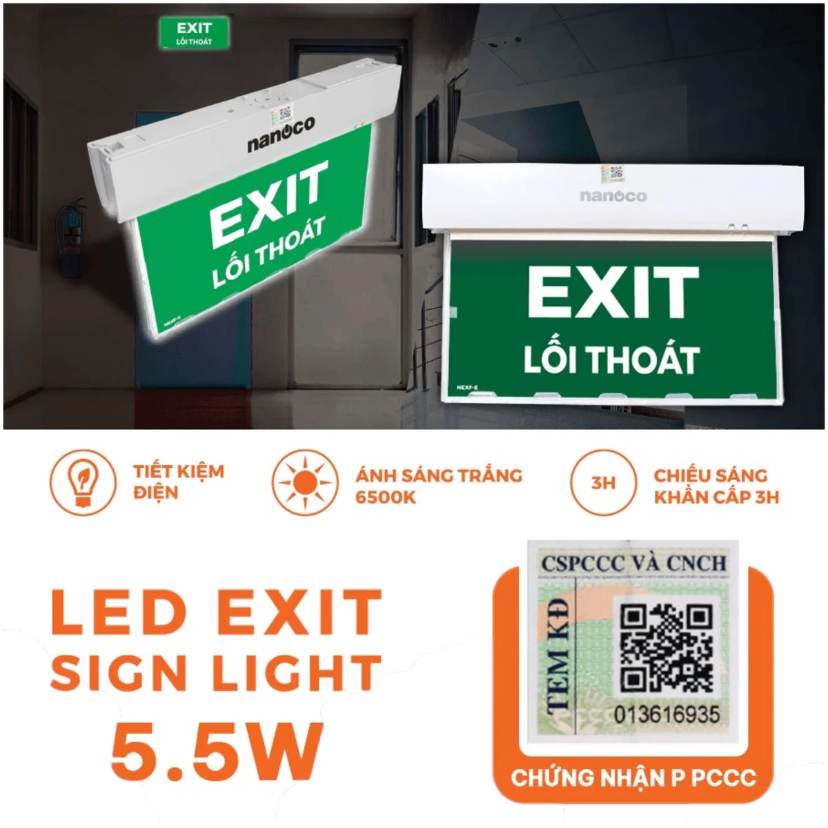 Đèn thoát hiểm LED Nanoco ( Kèm 1 hình chỉ hướng lối thoát mã NEXF-E)