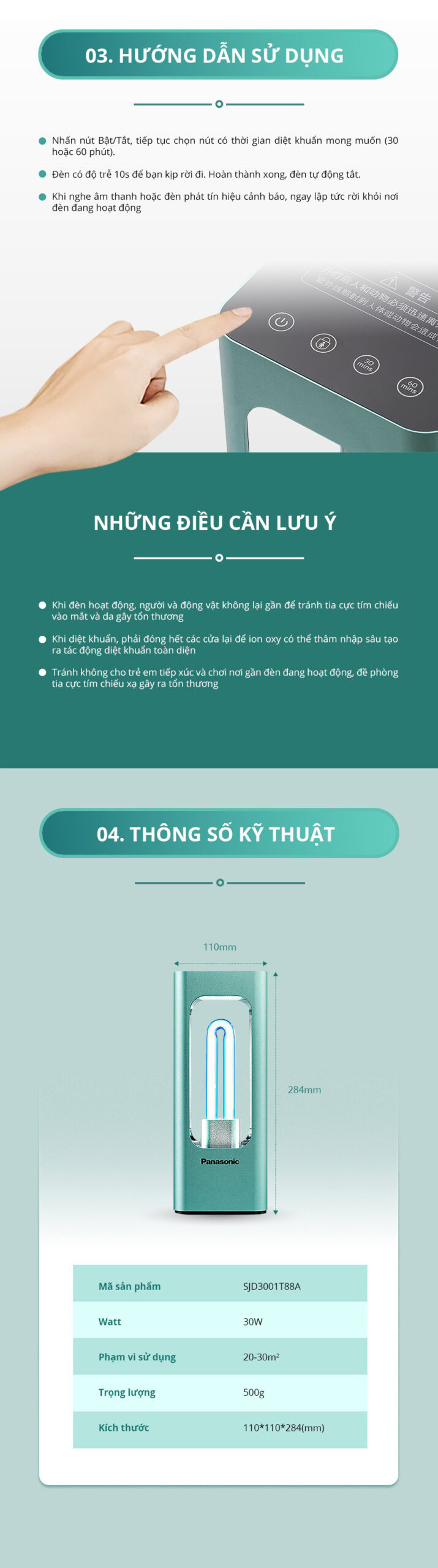 Đèn diệt khuẩn Panasonic SJD3001T88A bằng tia UV 