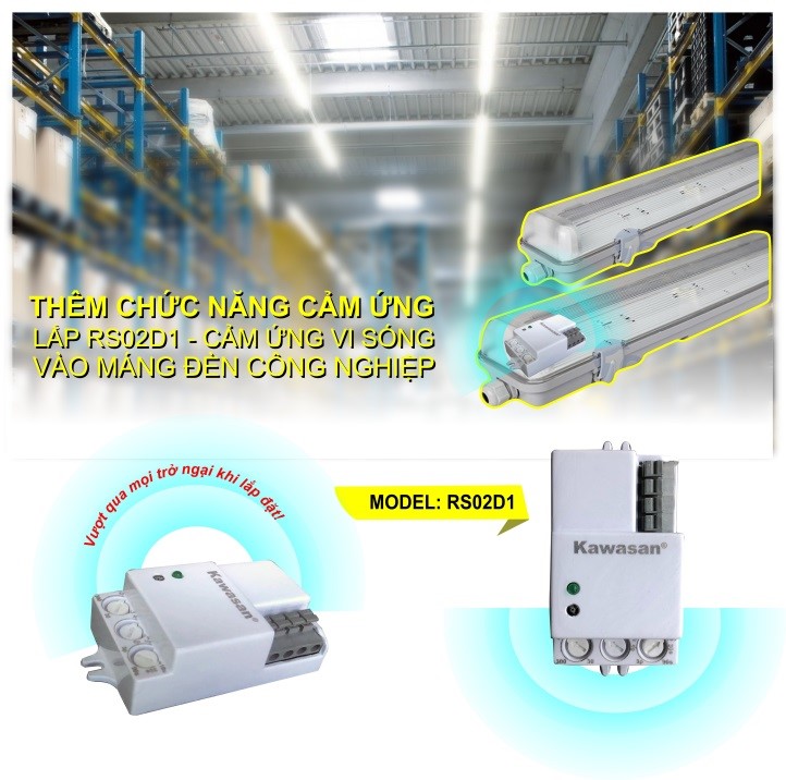 Lắp cảm ứng vi sóng RS02D1 vào máng đèn công nghiệp
