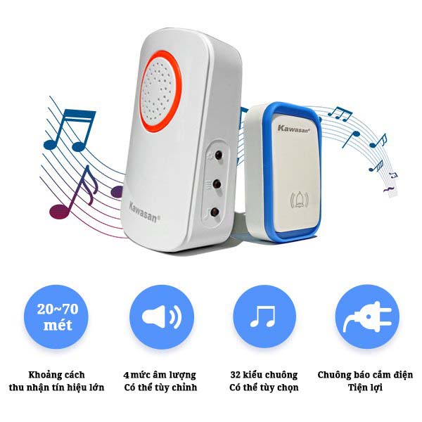 Khoảng cách nhận tín hiệu 20-70m và 4 mức âm lượng để tuỳ chỉnh