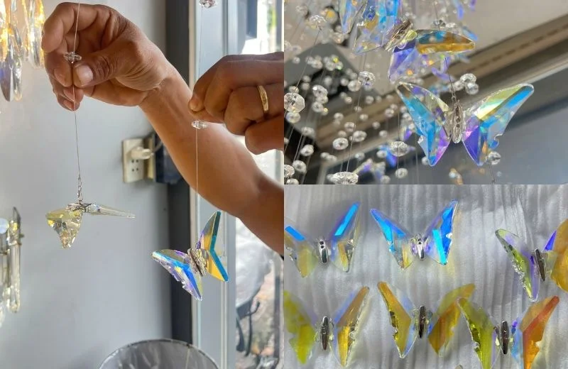 Đèn thả pha lê TPL127 với những cánh bướm pha lê được cắt sắc nét cho hiệu ứng ánh sáng lấp lánh, bắt mắt