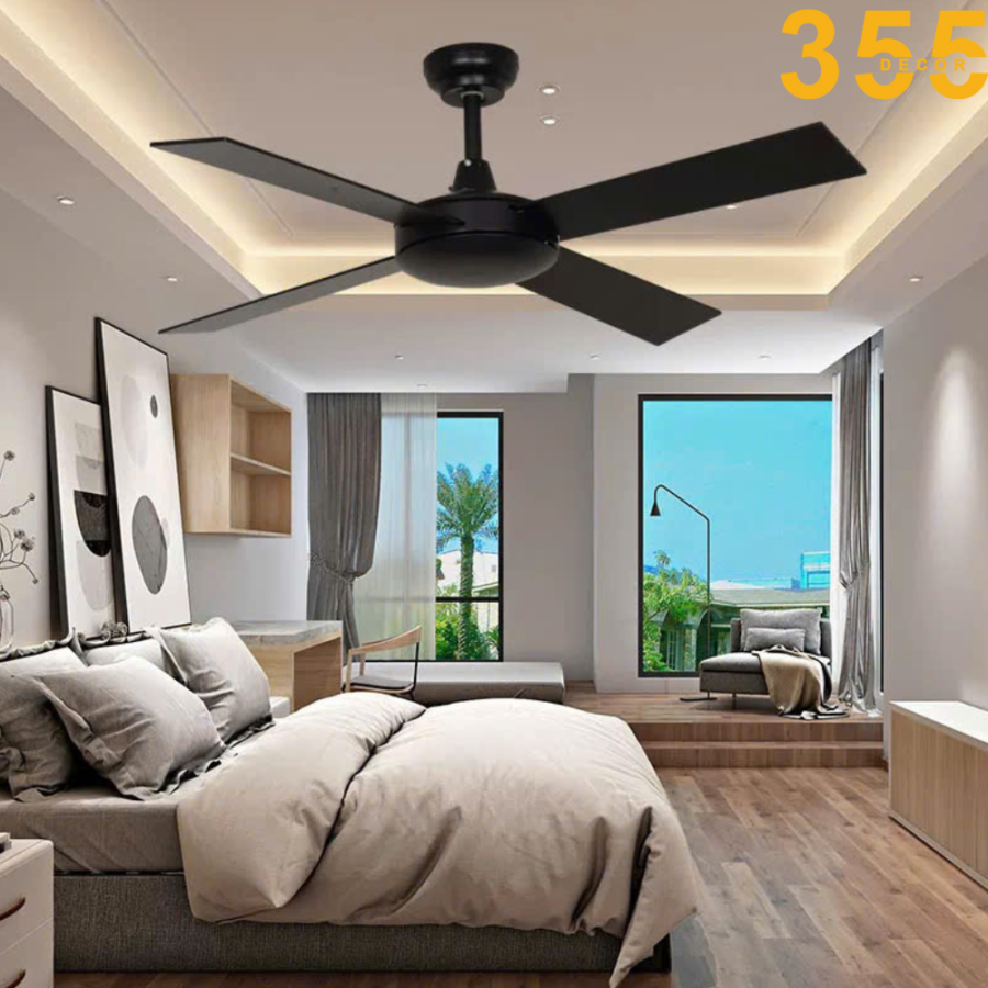 quạt trần trang trí  phòng ngủ màu đen qt54 chính hãng 355decor