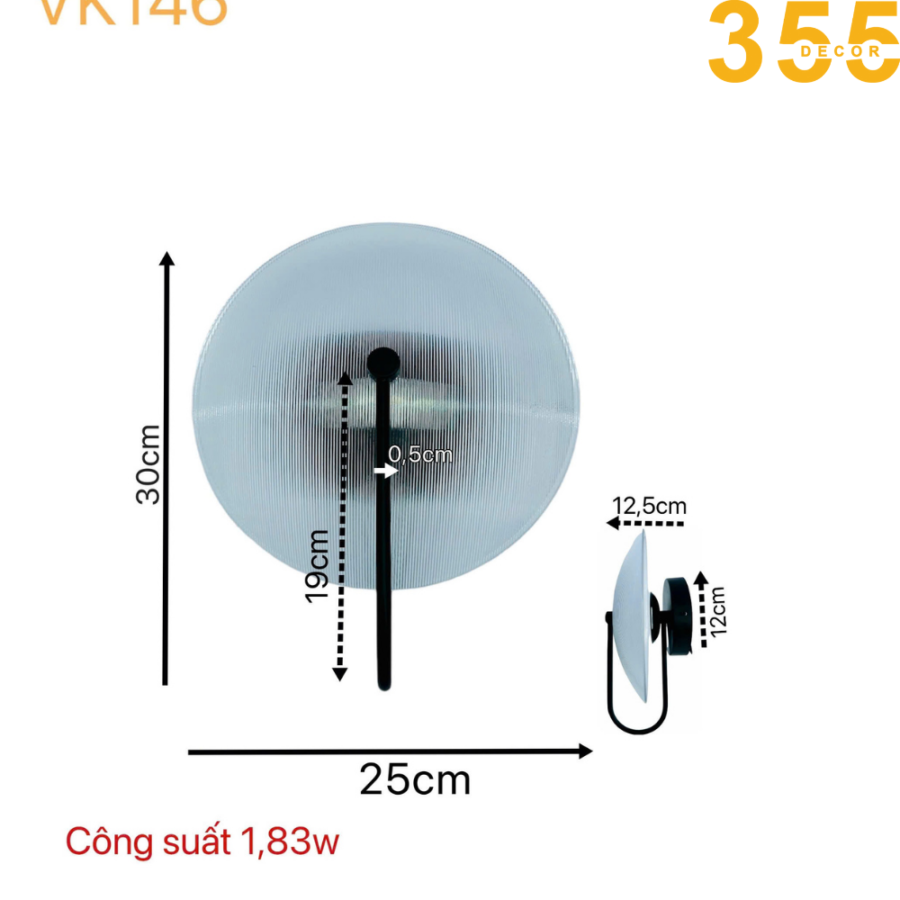 số đo đèn tường trang trí vk146 chính hãng 355decor
