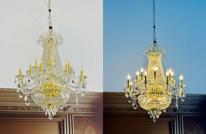 Ảnh Đèn Chùm Pha Lê DC8860 lúc bật và tắt