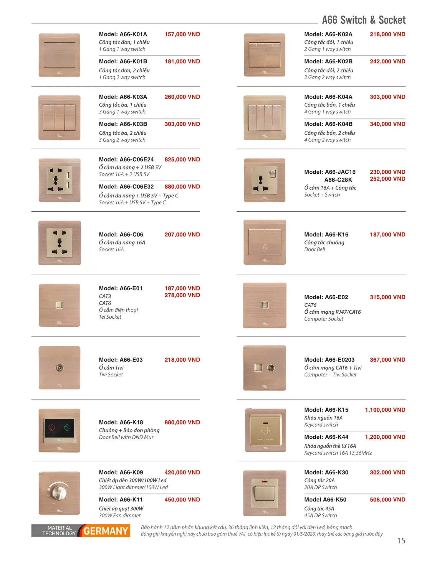 Catalogue ARTDNA 2026 (Công tắc & Ổ cắm) - Trang 15)