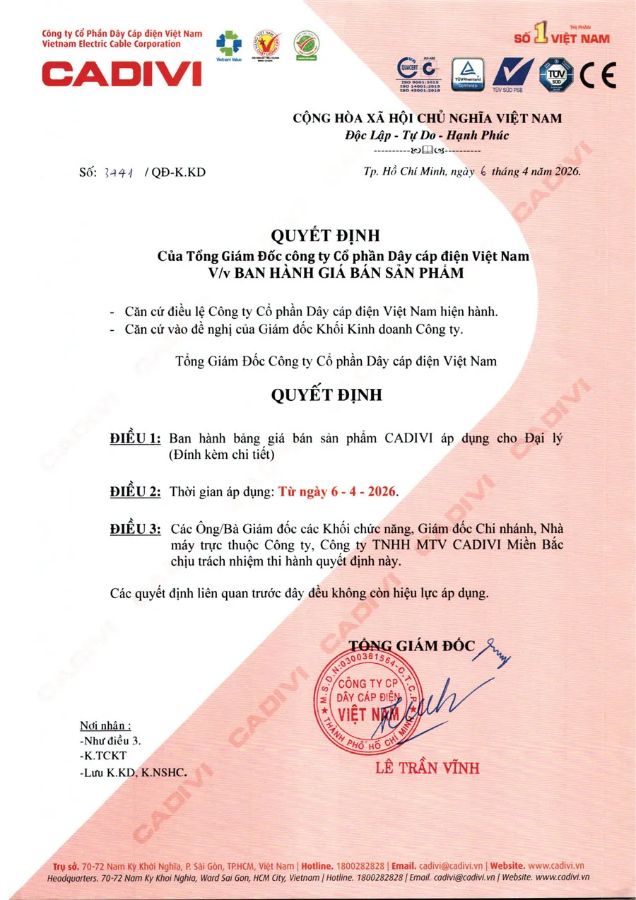 Bảng Giá Cáp Điện CADIVI mới nhất 2026 - Trang 2)