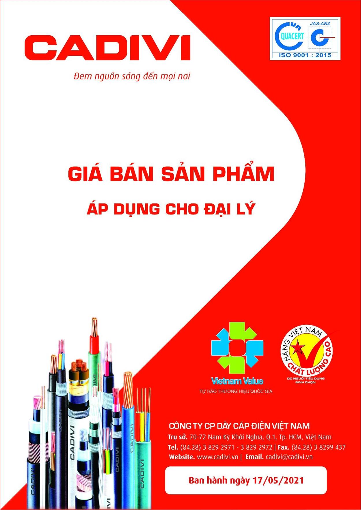 Bảng Giá Cáp Điện CADIVI mới nhất 17/05/2021
