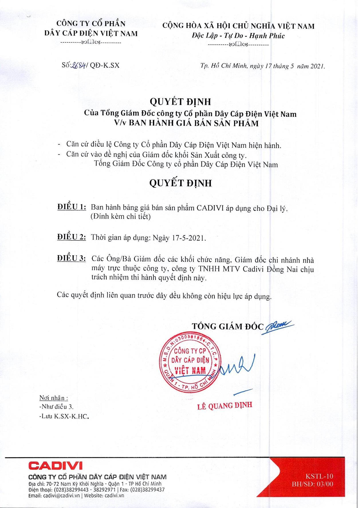 Bảng Giá Cáp Điện CADIVI mới nhất 17/05/2021