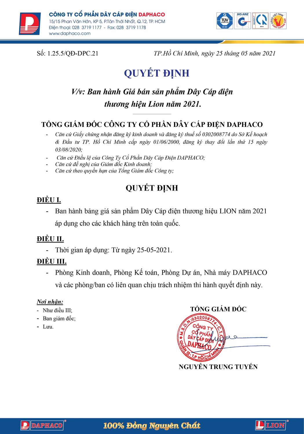 Bảng Giá Cáp Điện LION 2023 - Trang 3)