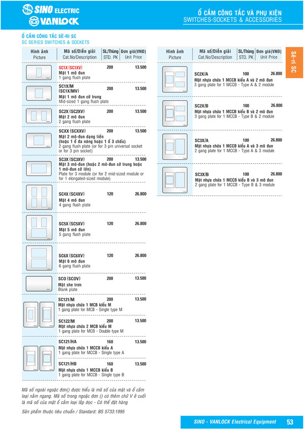 Bảng giá Ổ cắm & Công tác Sino Vanlock 2026 - Trang 30)