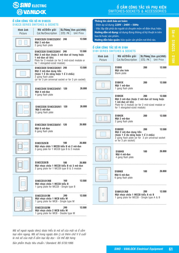 Bảng giá Ổ cắm & Công tác Sino Vanlock 2026 - Trang 38)