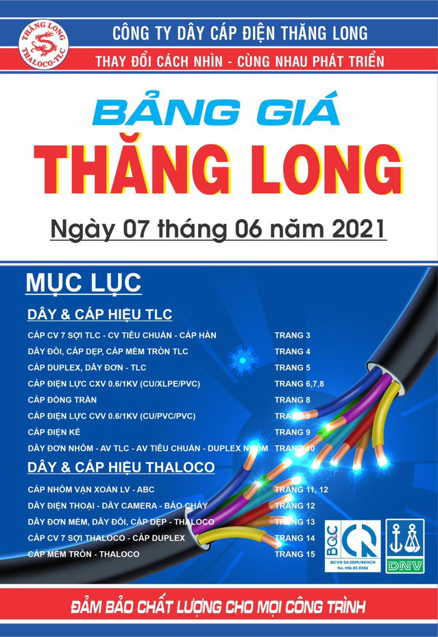 Bảng Giá Cáp Điện Thăng Long 06/2021