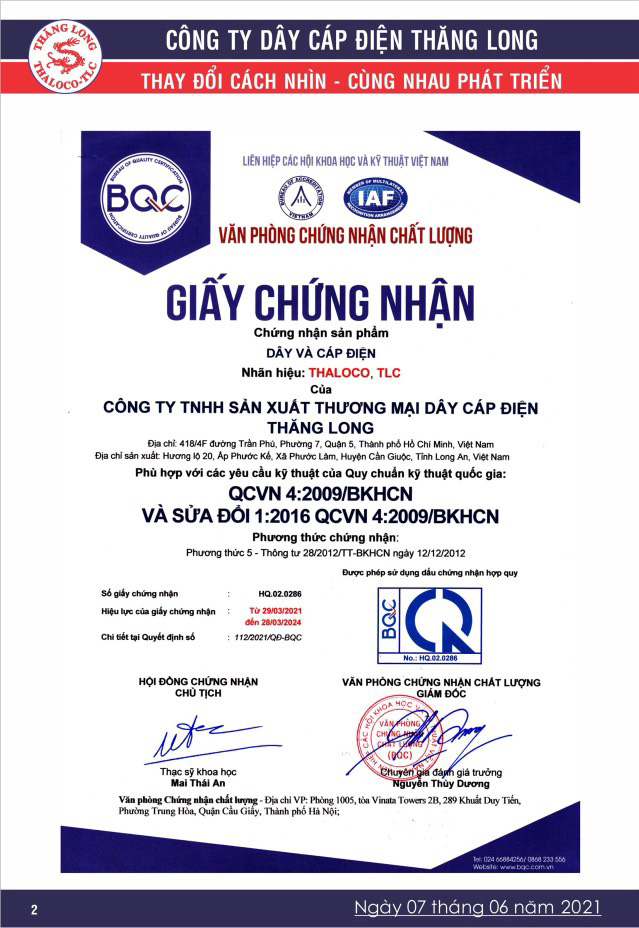 Bảng Giá Cáp Điện Thăng Long 06/2021