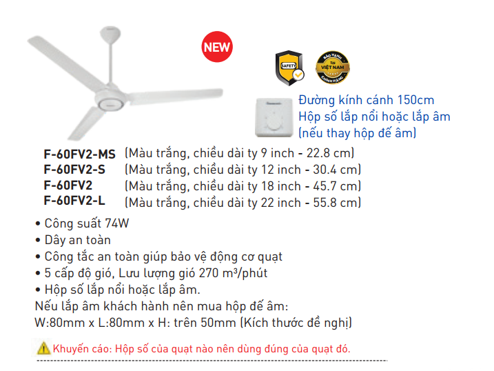 Quạt trần 3 cánh hộp số nổi màu trắng Panasonic, đ. kính cánh 150 cm - 66W Panasonic