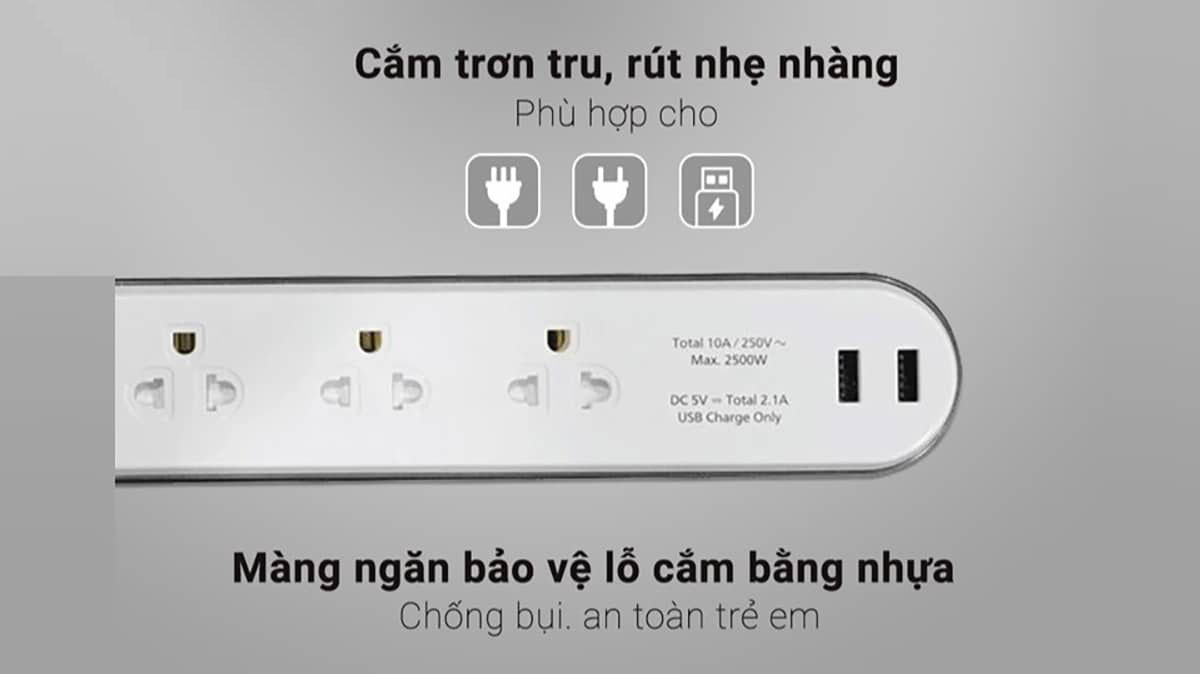 Ổ cắm có dây Panasonic có màng che giúp chống bụi và bảo đảm an toàn khi sử dụng nhất là trẻ em