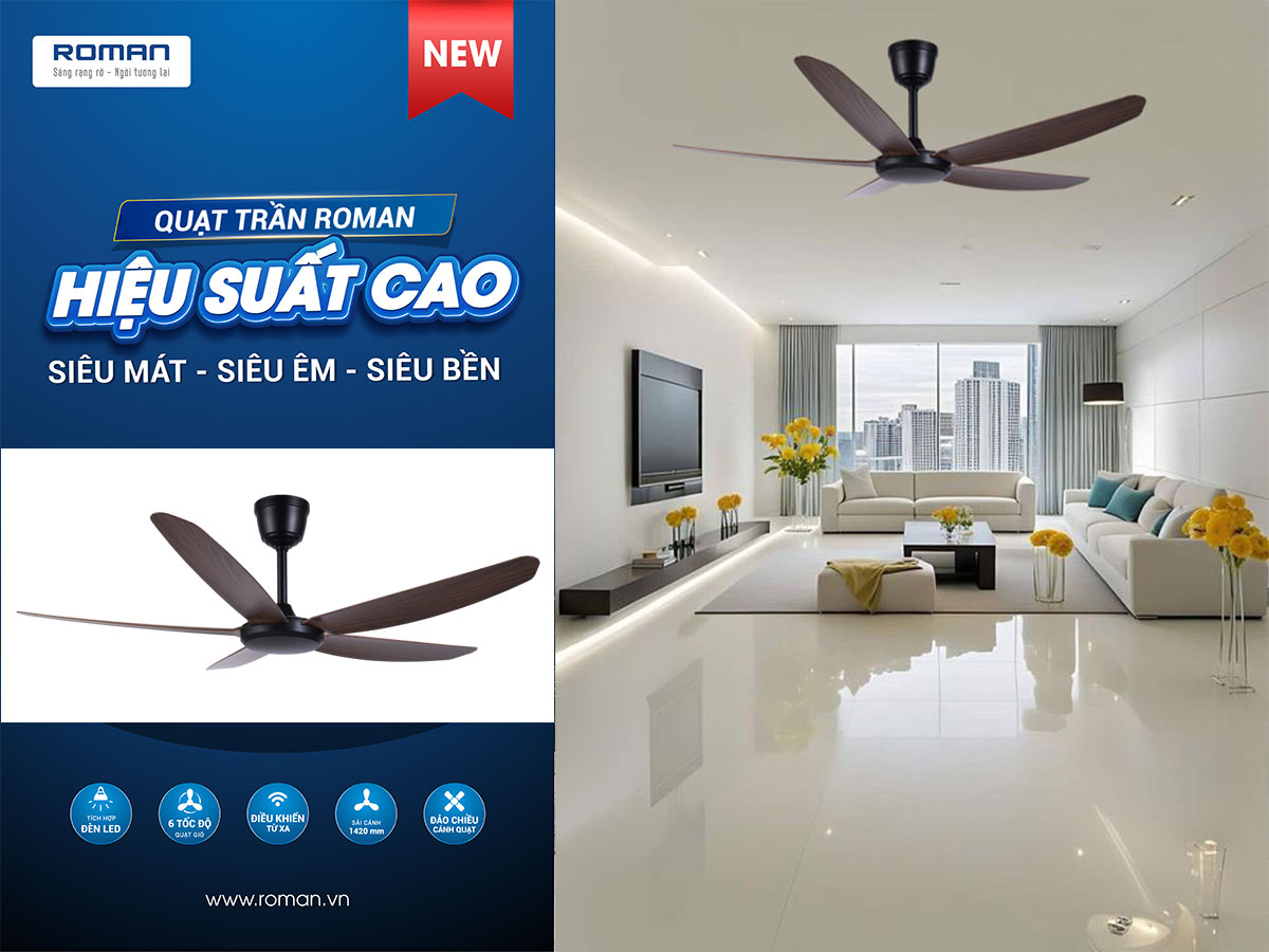 Quạt trần 5 cánh nhựa ABS Roman HFC56B1/BG công suất 55W